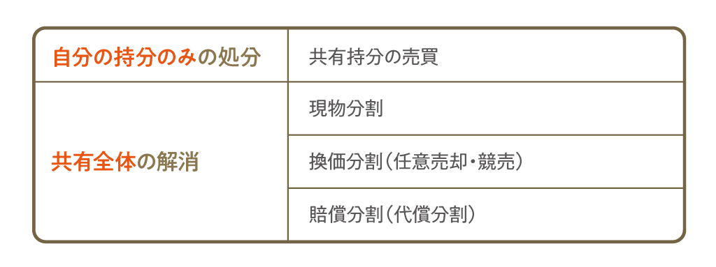 共有状態を解消するアプローチは大きく「自身の持分のみを単独で処分する方法」と「共有状態そのものを全体として解消する方法」の2つに分かれます。

前者にあたるのが共有持分の買取、後者にあたるのが現物分割・換価分割・賠償分割です。
